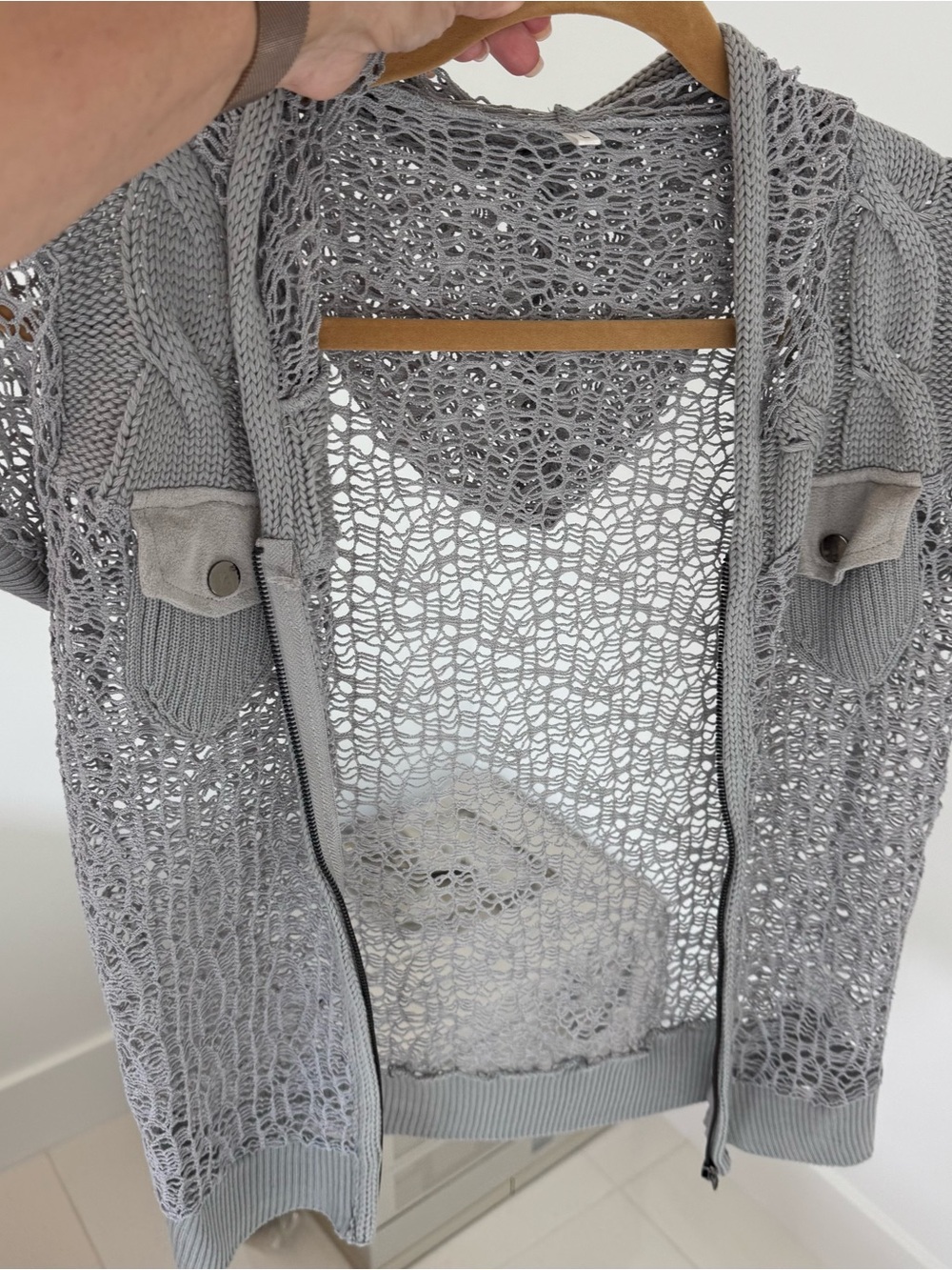 Open-Knit Zip Front Gray Women's Cardigan Sweater